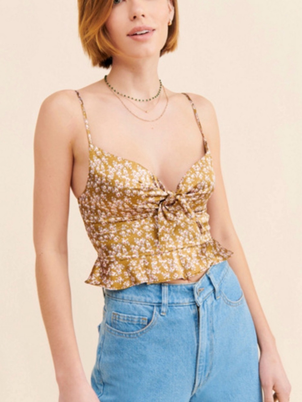 Dress Forum Mustard Floral Tie-Front Ruffle Tank